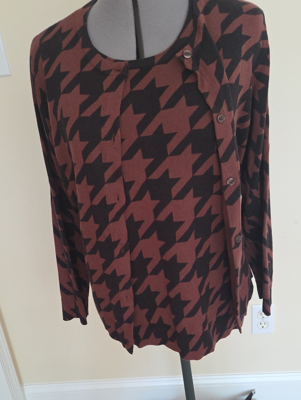 Womens Brown and Black Houndstooth Knit Cardigan Set